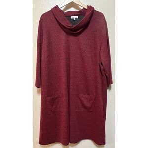 North Style Cowl Neck Dress Red Black Chevron Pockets 3/4 Sleeve Lagenlook Sz 3X